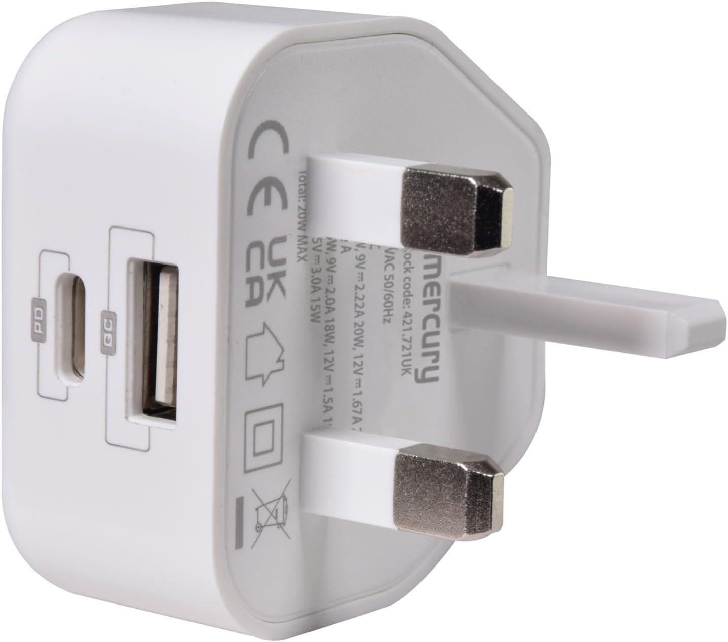 Mercury 20W USB-C & USB-A 2 Ports Fast Charging plug with PD 3.0 & PPS Technology – Compact, Lightweight, and Universal Charger for iPhone, iPad, and More | White