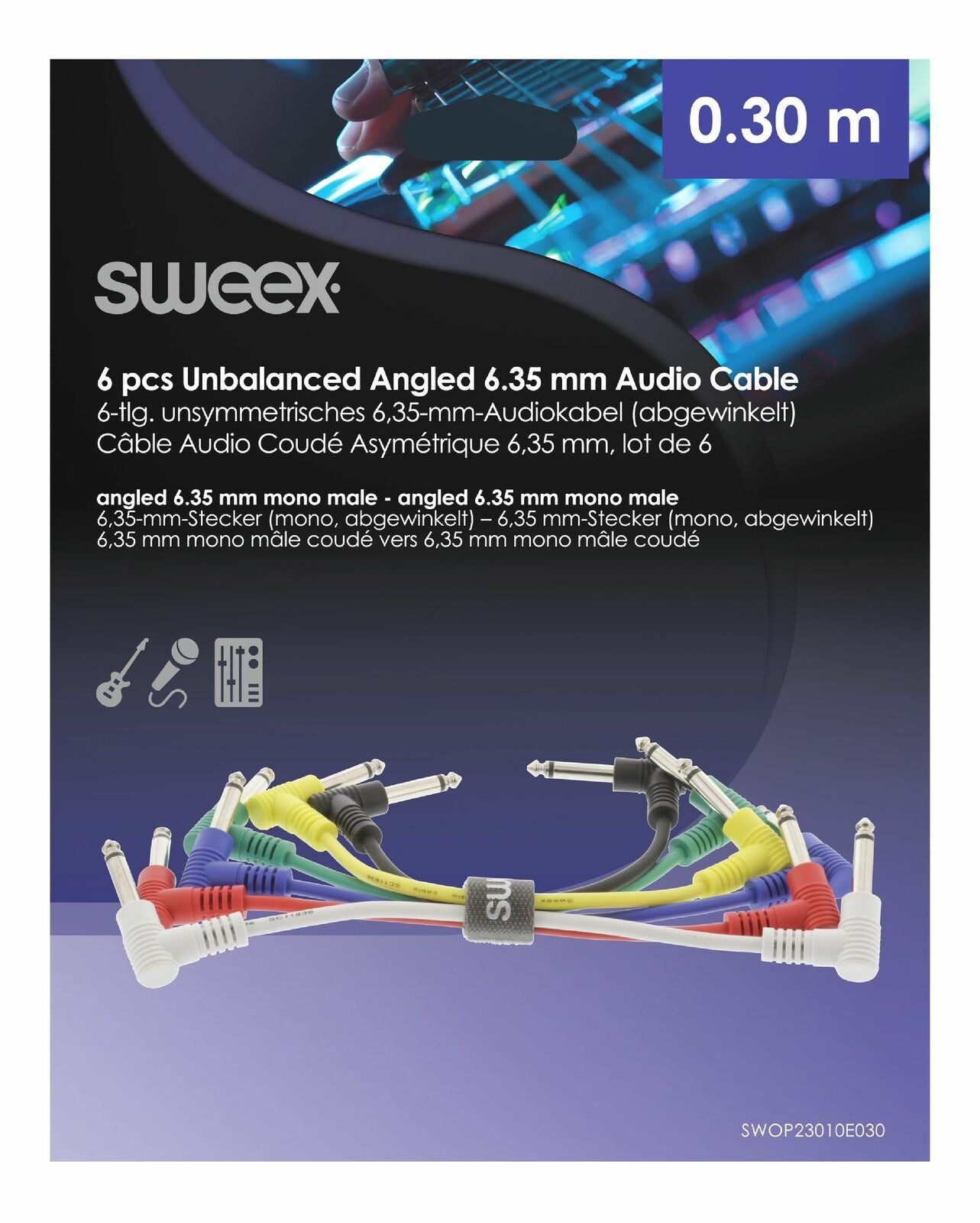 Sweex 90 Degree Guitar Patch Leads Pedal Effects Cable 6.35mm Pack of 6 30cm