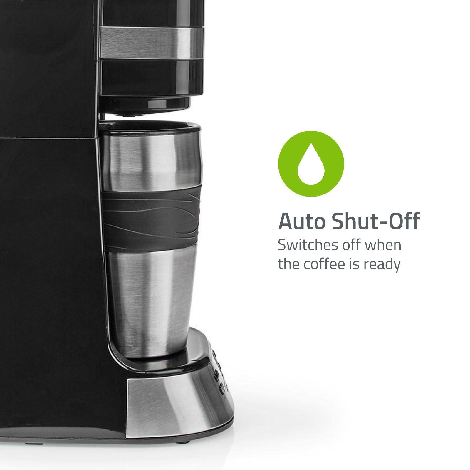 Nedis Single Serve 1 Cup Coffee Maker Digital Machine and Double Wall Insulated Travel Mug, with Timer, Stainless Steel, 420ml, Black