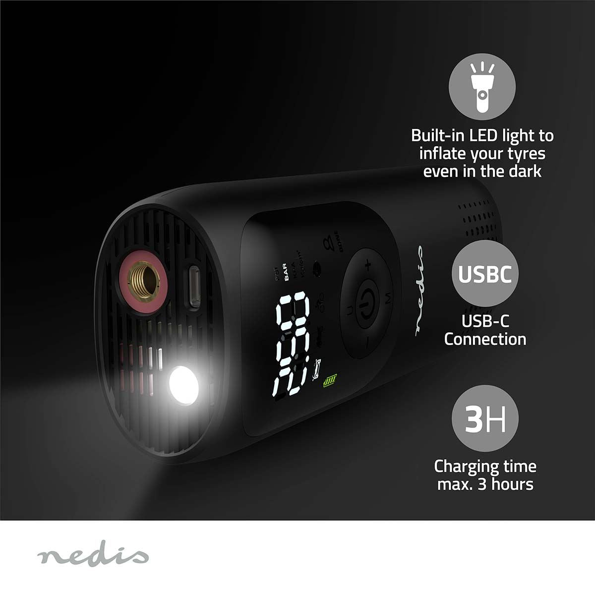Nedis Portable Tyre Inflator, Rechargeable Air Compressor with Digital Display, LED Torch, 150 PSI Max Pressure, USB-C Charging, for Car, Bike, Motorcycle, Footballs, Inflatables & More