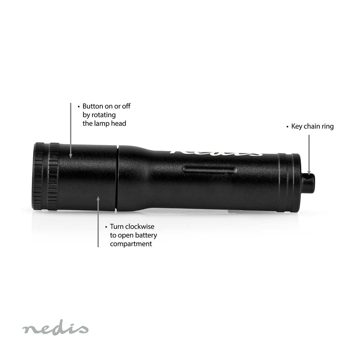 Nedis Keychain LED Torch, Super Compact Lightweight Aluminium Torch, Rotating On/Off Lamp Head, IPX4 Water-Resistant, 35m Beam Distance, Black