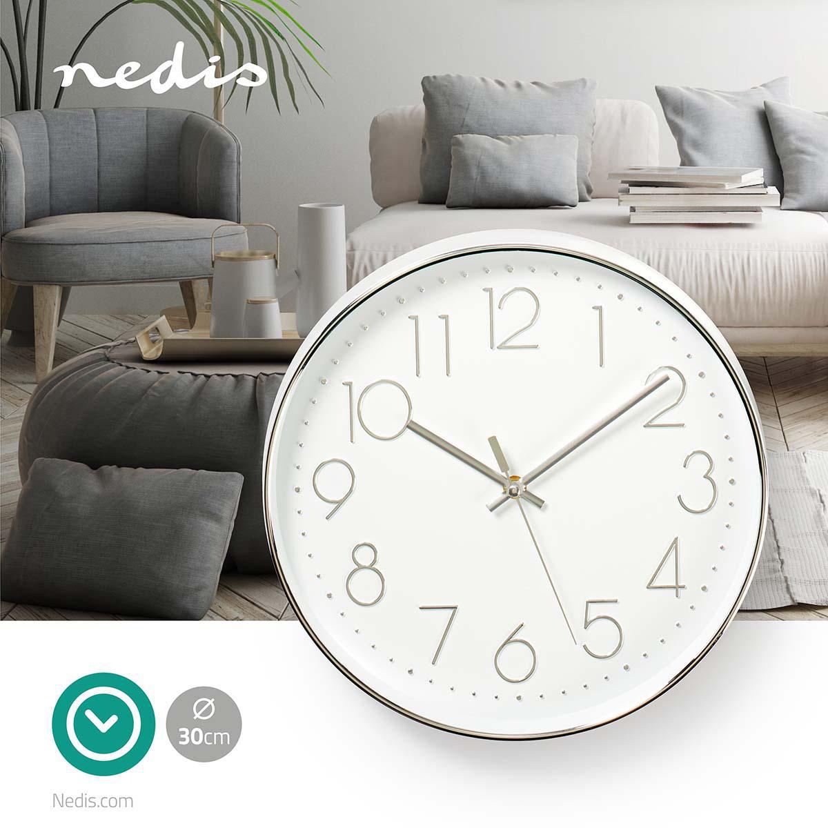 Nedis 30cm Wall Clock with Easy Read Numbers, Silent Movement, Battery Powered - Silver / White