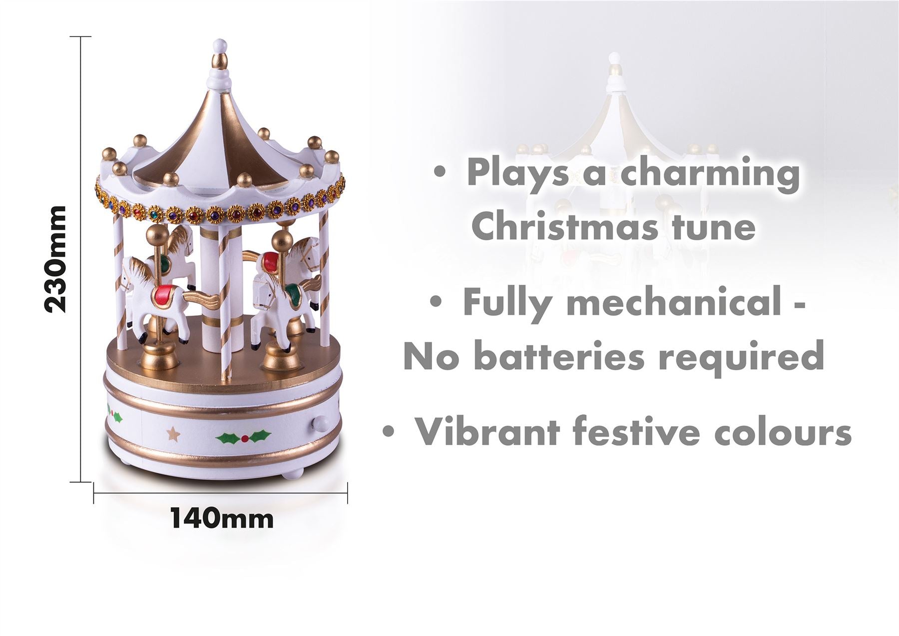 Christmas Wooden Mechanical Carousel Music Box Wind Up Ornament - White & Gold