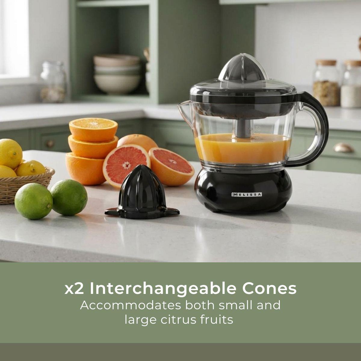 MELISSA 0.7L Electric Citrus Press Juicer Squeezer, 40W Motor, with Bi-Directional Twist, 2 x Interchangeable Cones, and Easy Pour Spout, for Lemon Grapefruit Orange Lime Juice Extractor - Black