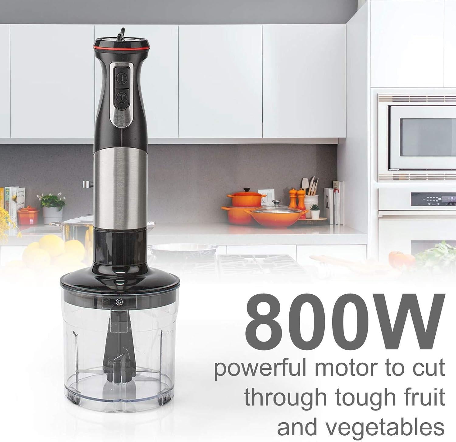 Nedis 3 in 1 Hand Blender, 800W Mini Chopper Food Processor, Immersion Blender and Electric Whisk, with 500ml Chopper Bowl and 900ml Beaker - Silver/Black