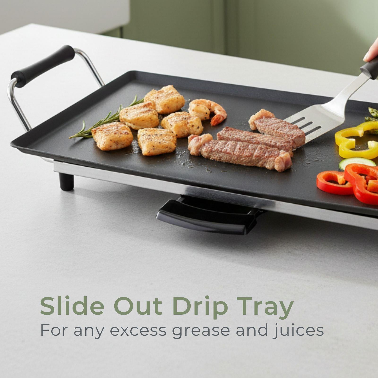 MELISSA Electric Teppanyaki Grill Plate, Large Non-Stick Table Top Griddle with 47.5cm x 26.5cm Hot Plate, Adjustable Temperature Control and Drip Tray, 2000W - Black