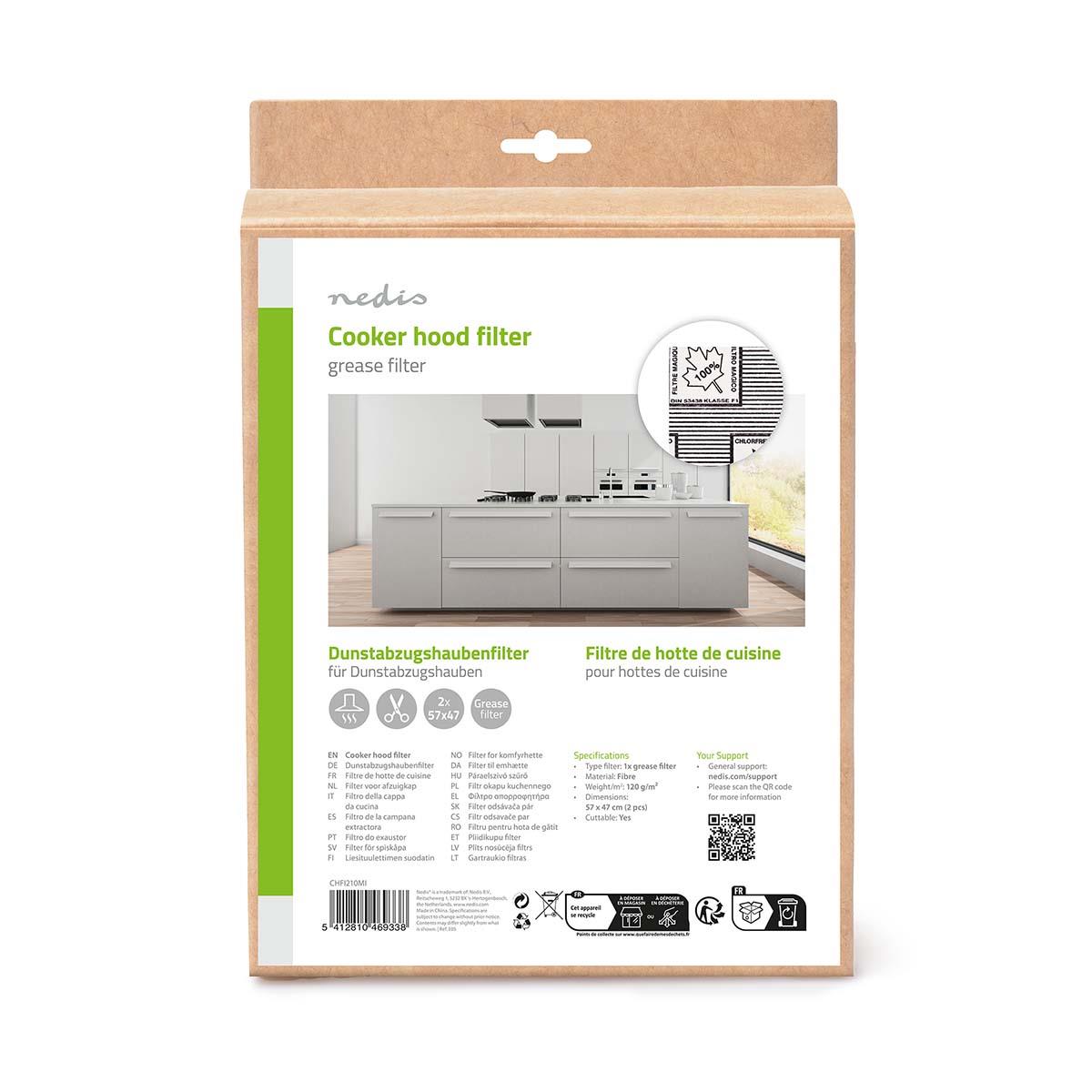 Nedis 2-Pack Universal Cooker Hood Grease Filter 120g/m, Cuttable 57x47cm, with Replacement Indicator