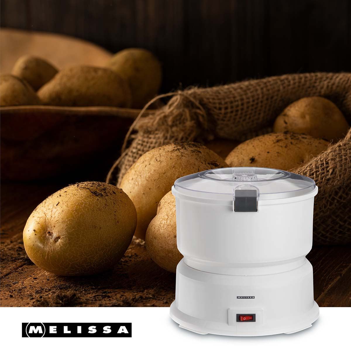 MELISSA 85W Electric Potato Peeler Machine 1KG Potato Rumbler Electric with Container for Peeling Potatoes and Spin Drier Salad/Vegetables to Remove Excess Water