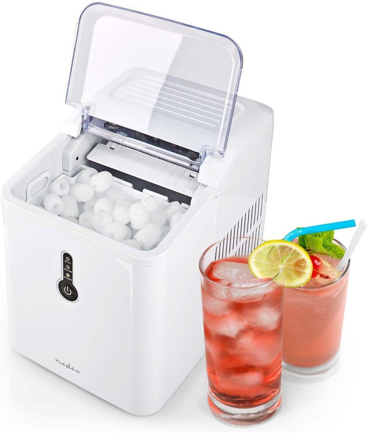 Nedis Ice Maker, Countertop Machine With 1.6L Tank, Up to 12 kg of Ice in 24hrs, Includes Removable Basket, Produces Ice Cubes in 8 Minutes - White