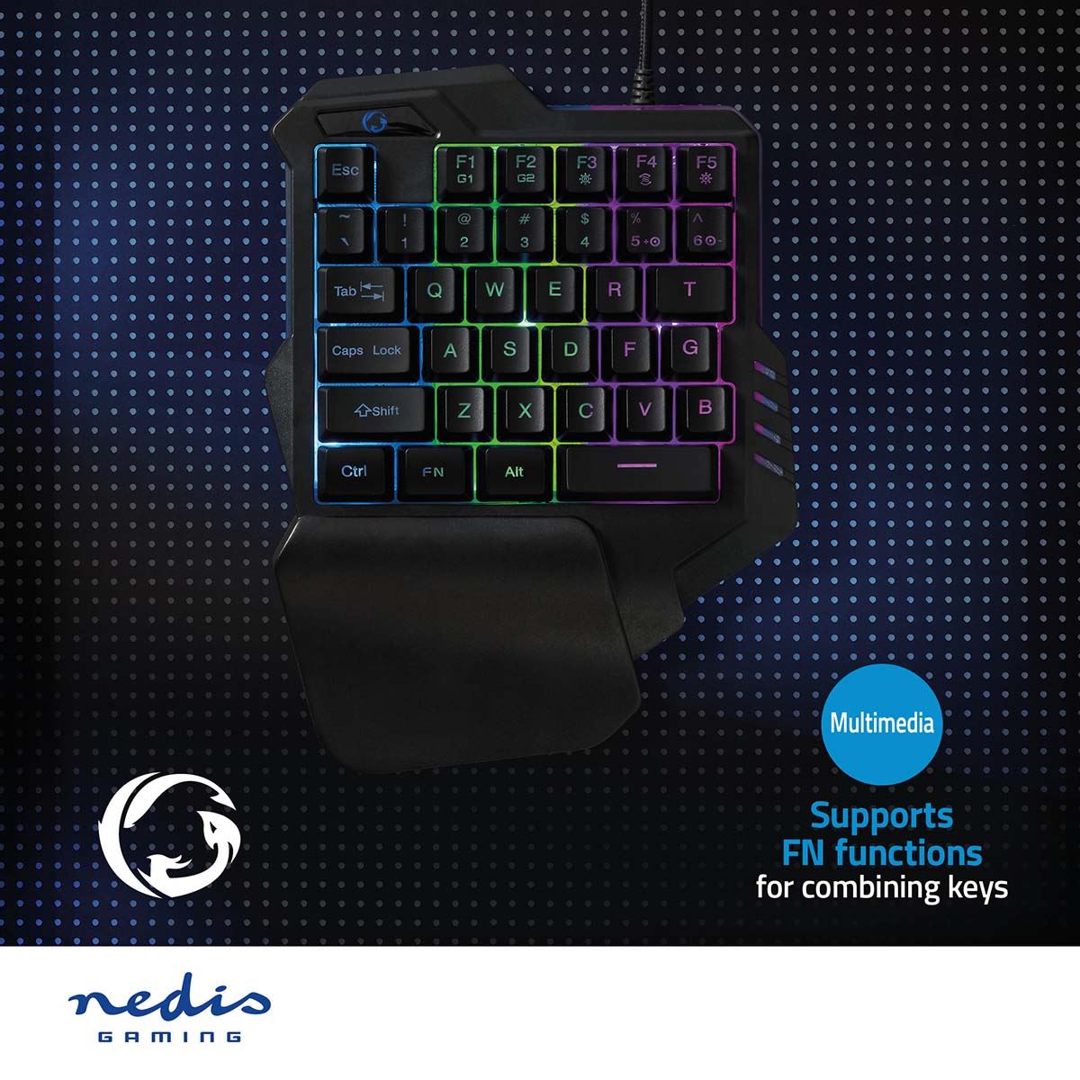 Nedis Wired Gaming Keyboard | USB Type-A | Membrane Keys | RGB | Single-Handed | Universal | USB Powered | Power cable length: 1.60 m | Gaming