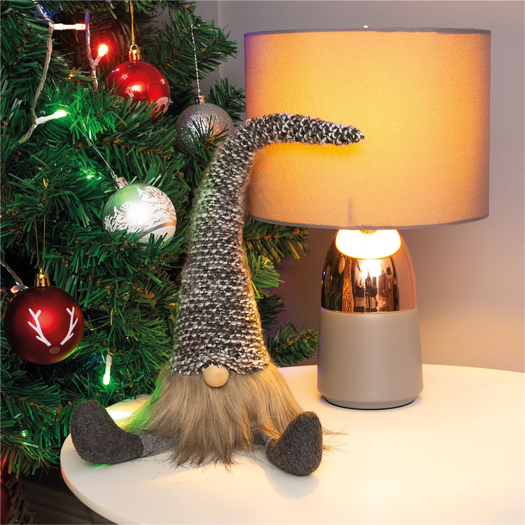 Knitted "Lars" Christmas Sitting Gonk Decoration Nordic Gnome Elf Festive Ornament with Wooden Nose - Grey Check