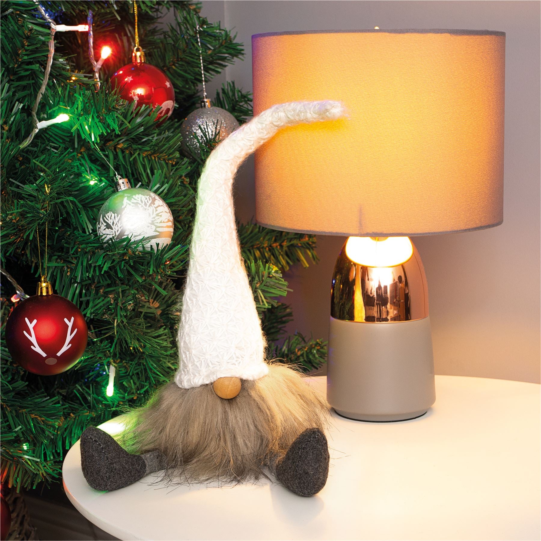 Knitted "Otto" Christmas Sitting Gonk Decoration Nordic Gnome Elf Festive Ornament with Wooden Nose - White