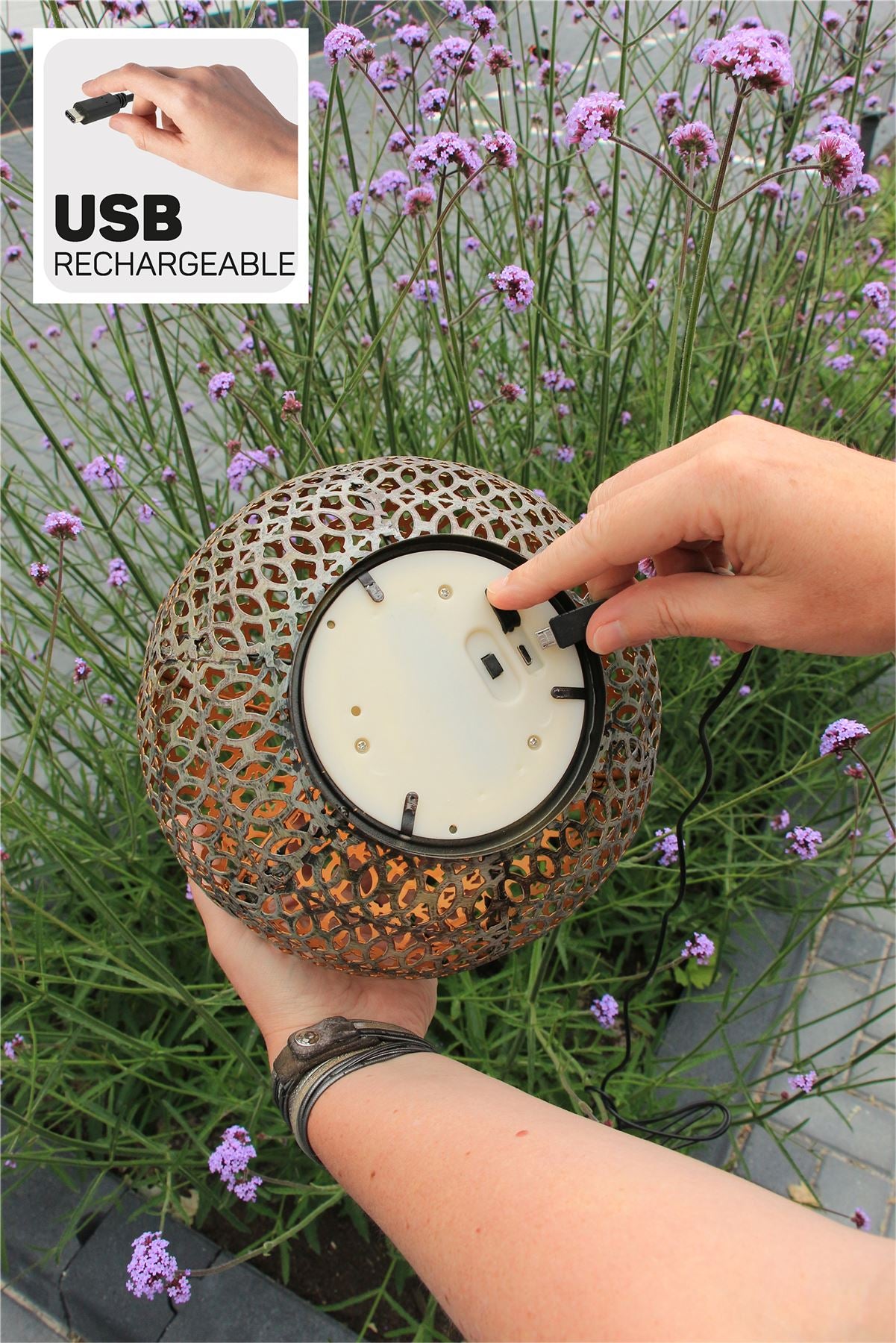 Moroccan Style LED Hanging Light Lantern USB Rechargeable Outdoor Warm White with Timer - Antique Bronze