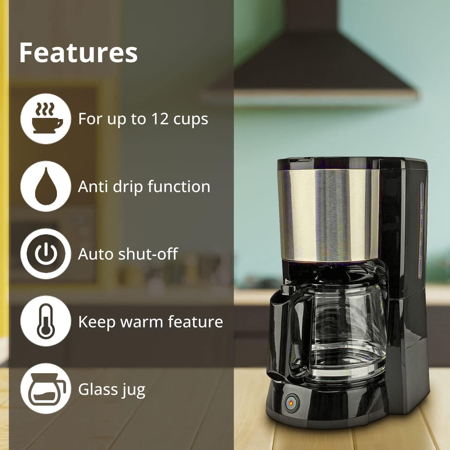 Nedis 1.25L Filter Coffee Machine with Keep Warm for 10 Cups, Anti Drip Function, Reusable Filter - Black/Silver