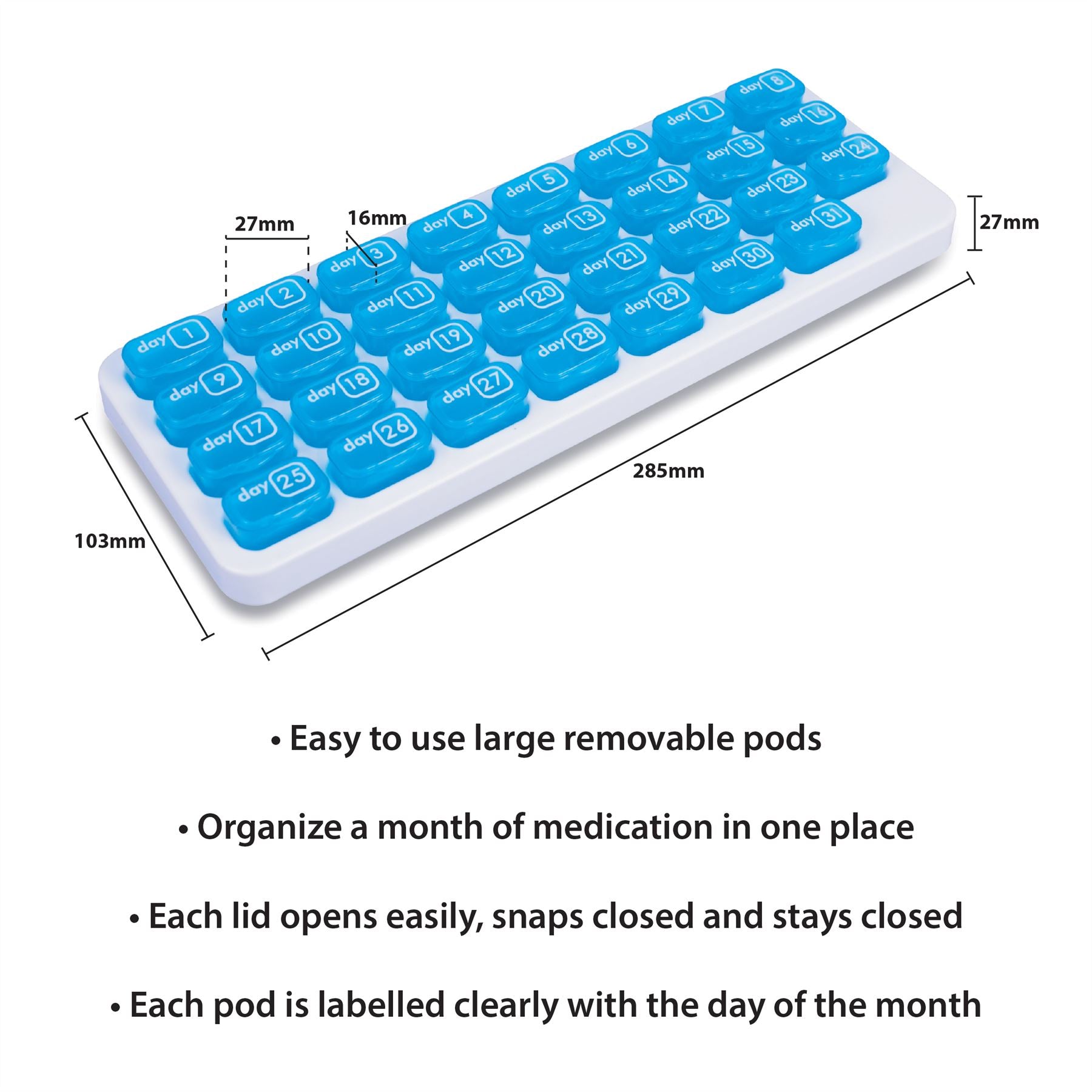 31 Day Monthly Pill Organiser,31 Days,Medication Storage with Removable Compartments,Holder for Medicine&Vitamins,Travel Use,Portable Pill Case,Elderly