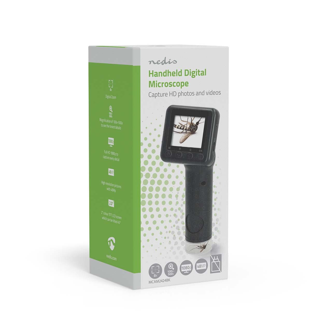 Nedis Handheld Digital Microscope Camera, 2" Tilt LCD Screen, 100x 500x Zoom, 8x Digital Zoom, 6 LED Lights, USB-C, Photo/Video Capture, Battery Powered