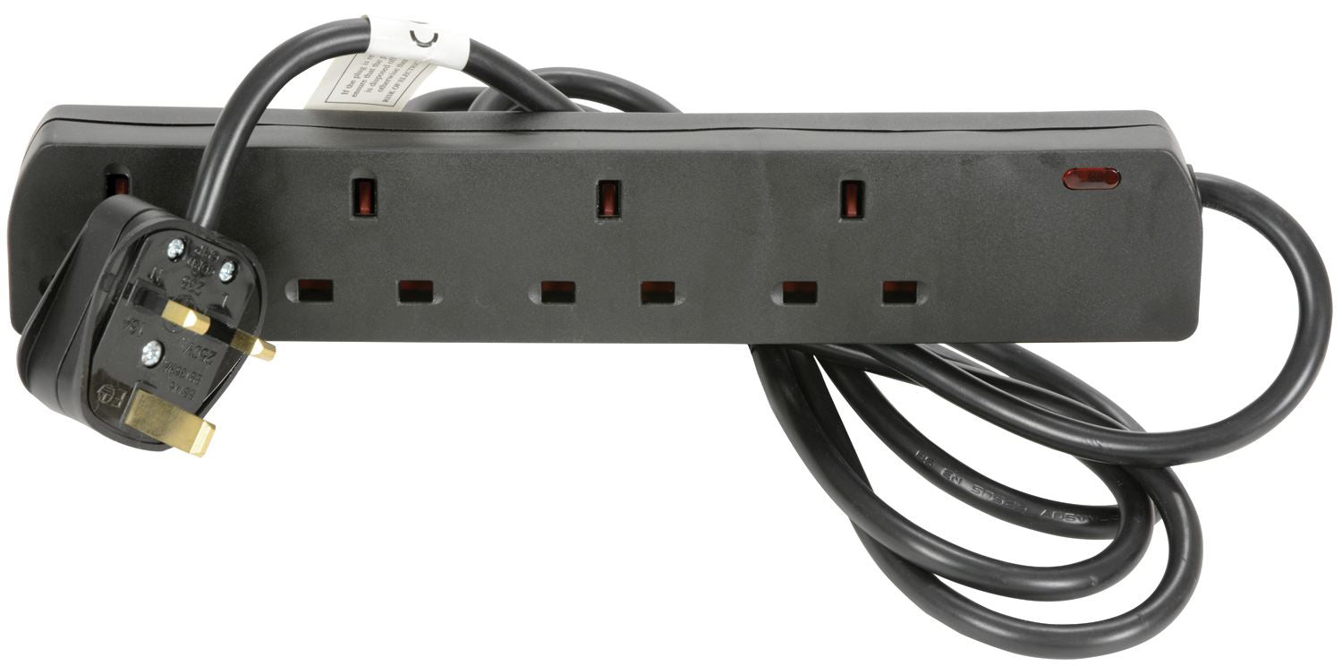 Mercury 4 Gang 2m Mains Powered Extension Leads - Black