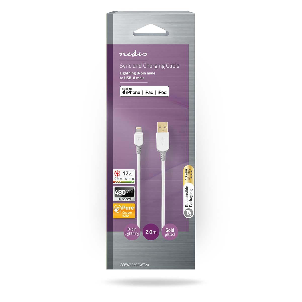 Nedis Lightning Cable | USB 2.0 | Apple Lightning 8-Pin | USB-A Male | 480 Mbps | Gold Plated | 2.00 m | Round | PVC | Grey / White | Box