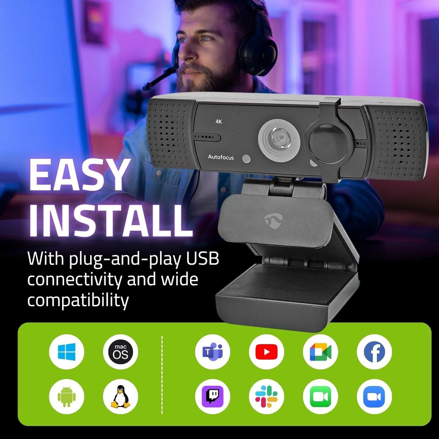 Nedis Webcam | Full HD@60fps / 4K@30fps | Auto Focus | Built-In Microphone | Black