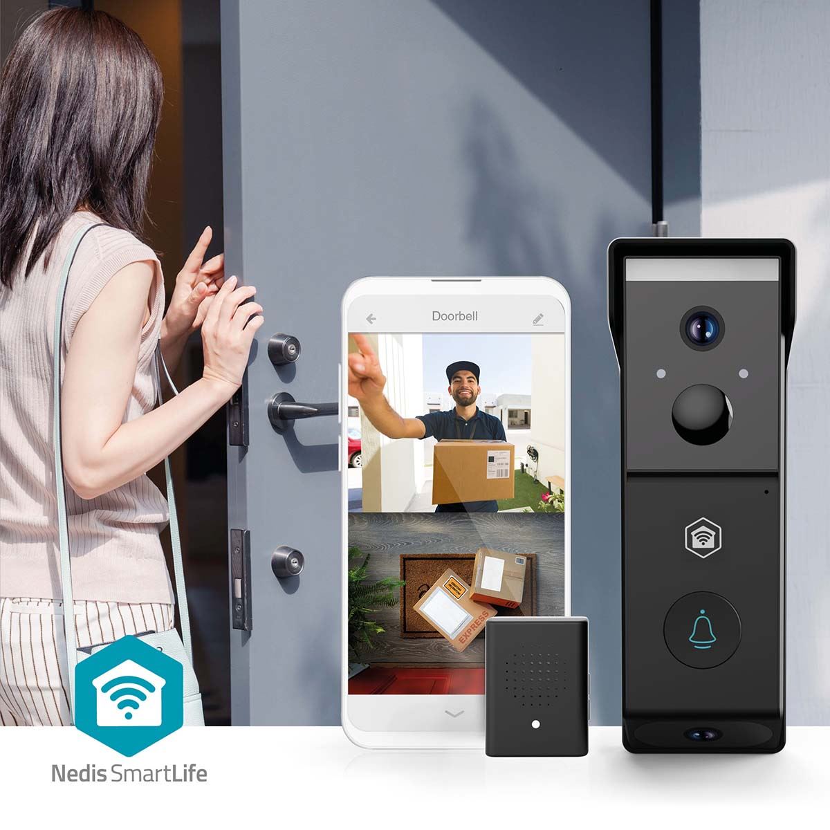 Nedis SmartLife Wireless Video Doorbell WiFi Camera, Battery Powered | 2x Full HD 1080p | Cloud Storage (optional) / microSD (not included) | IP54 | With motion sensor | Night vision | Black