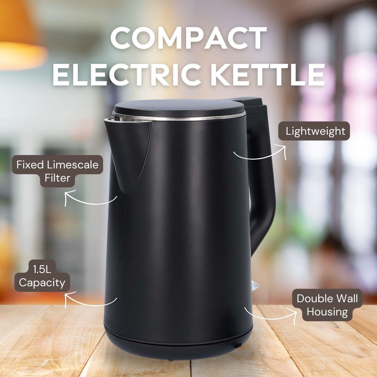 Nedis 1.5L Electric Kettle with Double Walled Insulation, Boil-Dry Protection and Limescale Filter for Fresher Water, 2200W - Black