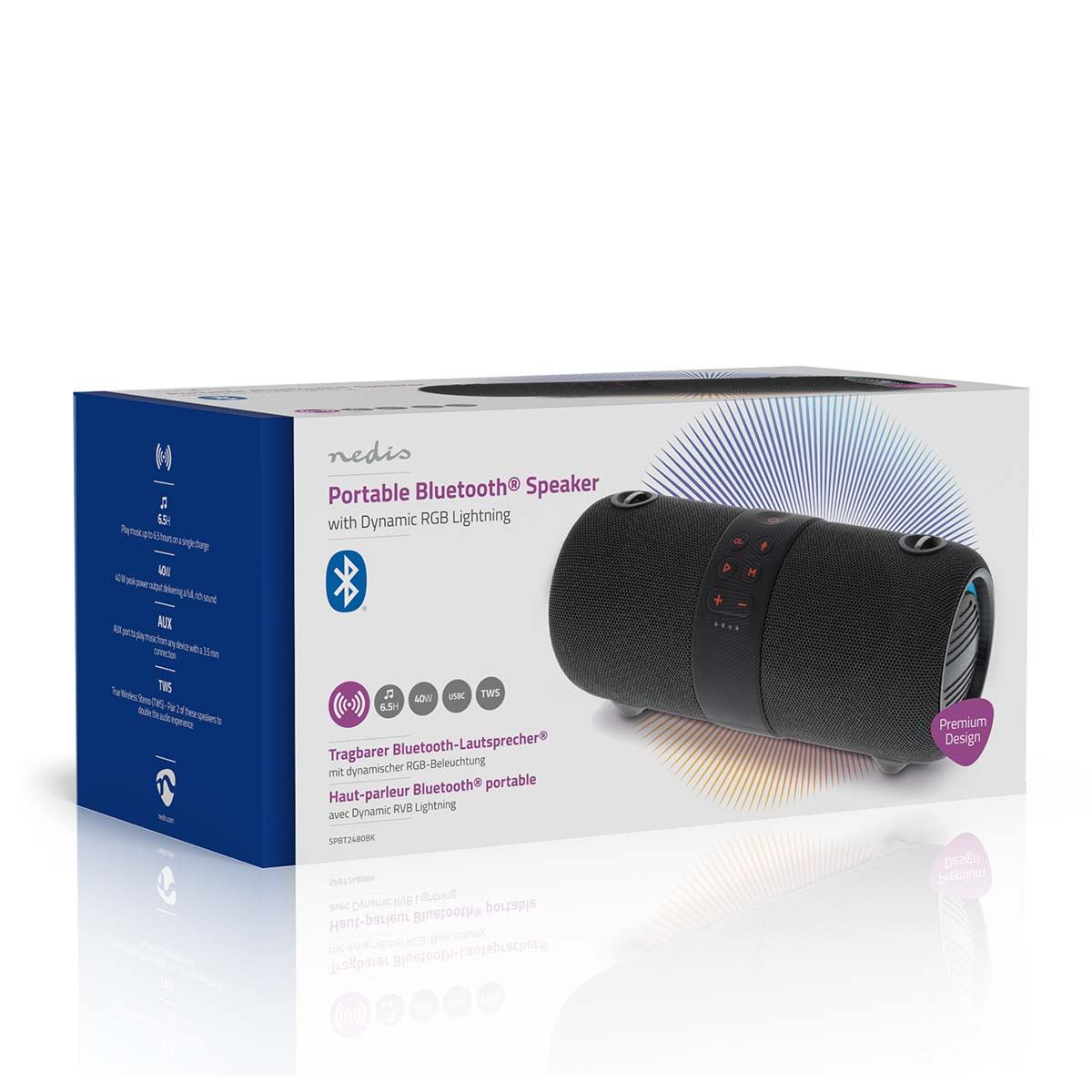 Nedis Bluetooth Speaker, 40W Portable Wireless Stereo with Built-In Mic, RGB LED Lights, IPX6 Water Resistant, TWS Pairing, USB-C Charging, Up to 6.5H Playtime - Black