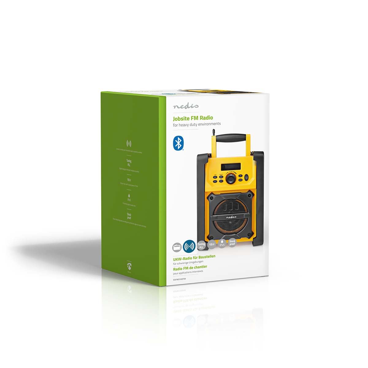 Nedis FM Radio | Jobsite Radio | FM | Battery Powered / Mains Powered | Digital | 15 W | Screen size: 2.2 " | Blue White Screen | IPX5 | Carrying handle | Black / Yellow