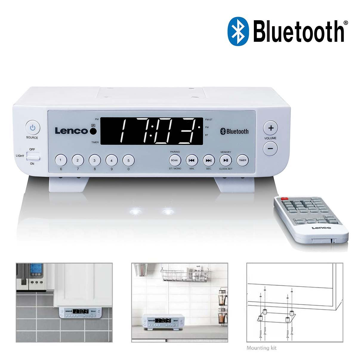Lenco FM Kitchen Radio with Bluetooth® LED Lighting and Timer White