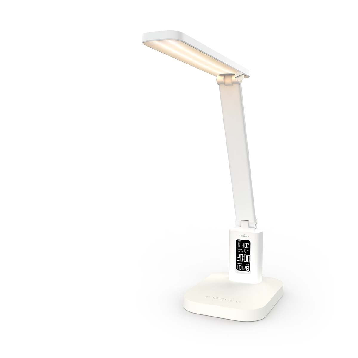 Nedis Rechargeable LED Desk Lamp with Clock - Touch Dimmable, 3 Light Modes, Alarm, Calendar, Temperature Display, Foldable Design