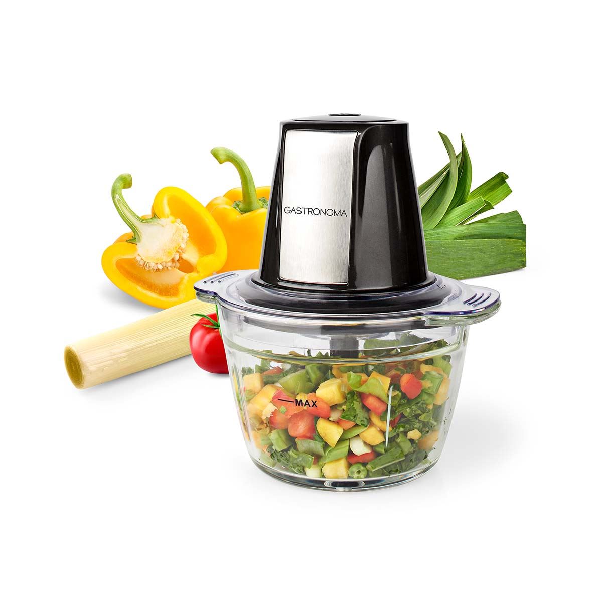 Gastronoma 500W Mini Food Processor, 1L Glass Jar Bowl Chopper Shredder with Stainless Steel Blades, Perfect for Salad Nuts Salsa Dips Fruit Vegetable Pesto Curry Pastes & More
