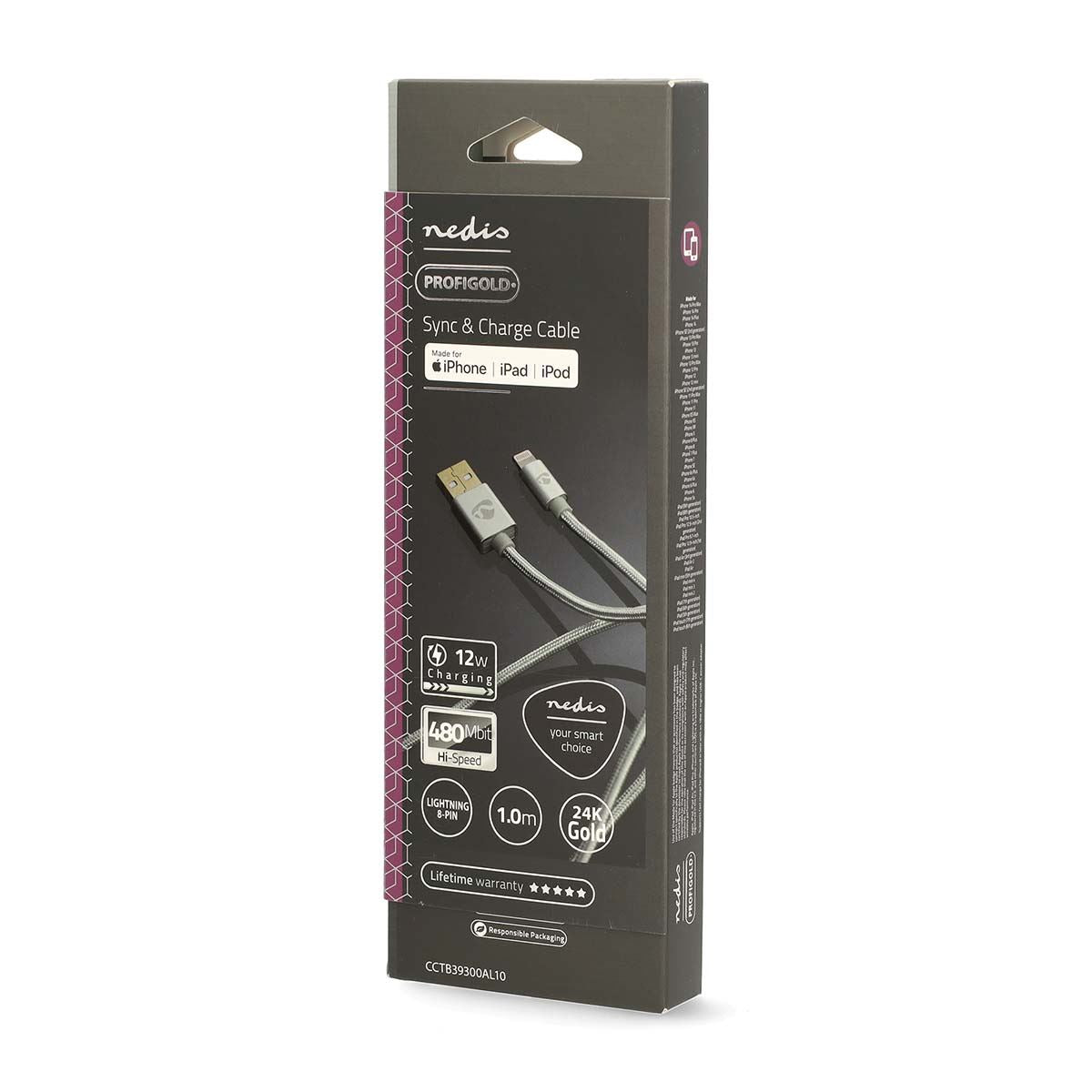 Nedis Lightning Cable | USB 2.0 | Apple Lightning 8-Pin | USB-A Male | 480 Mbps | Gold Plated | 1.00 m | Round | Braided / Nylon | Aluminium | Cover Window Box