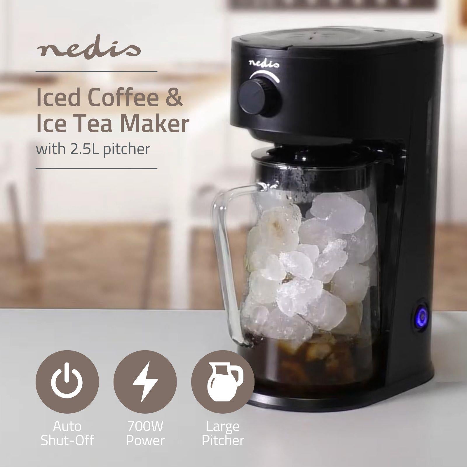 Nedis Ice Tea and Iced Coffee Maker - Hot & Cold Brewing with 2.5L Pitcher, 700W Power, Adjustable Strength Dial, Pod-Free Brewing, Dishwasher-Safe, Black