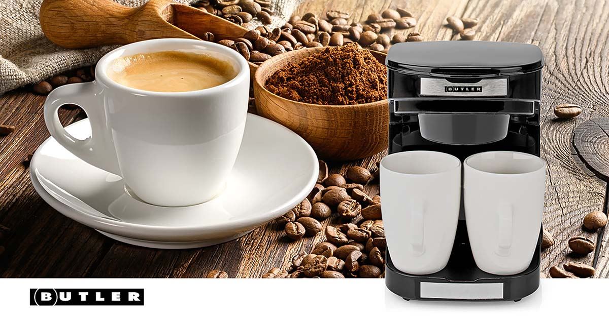 Butler 2 Cup Coffee Maker 0.25L Easy to Use Nylon Reusable Filter with Cups - Black