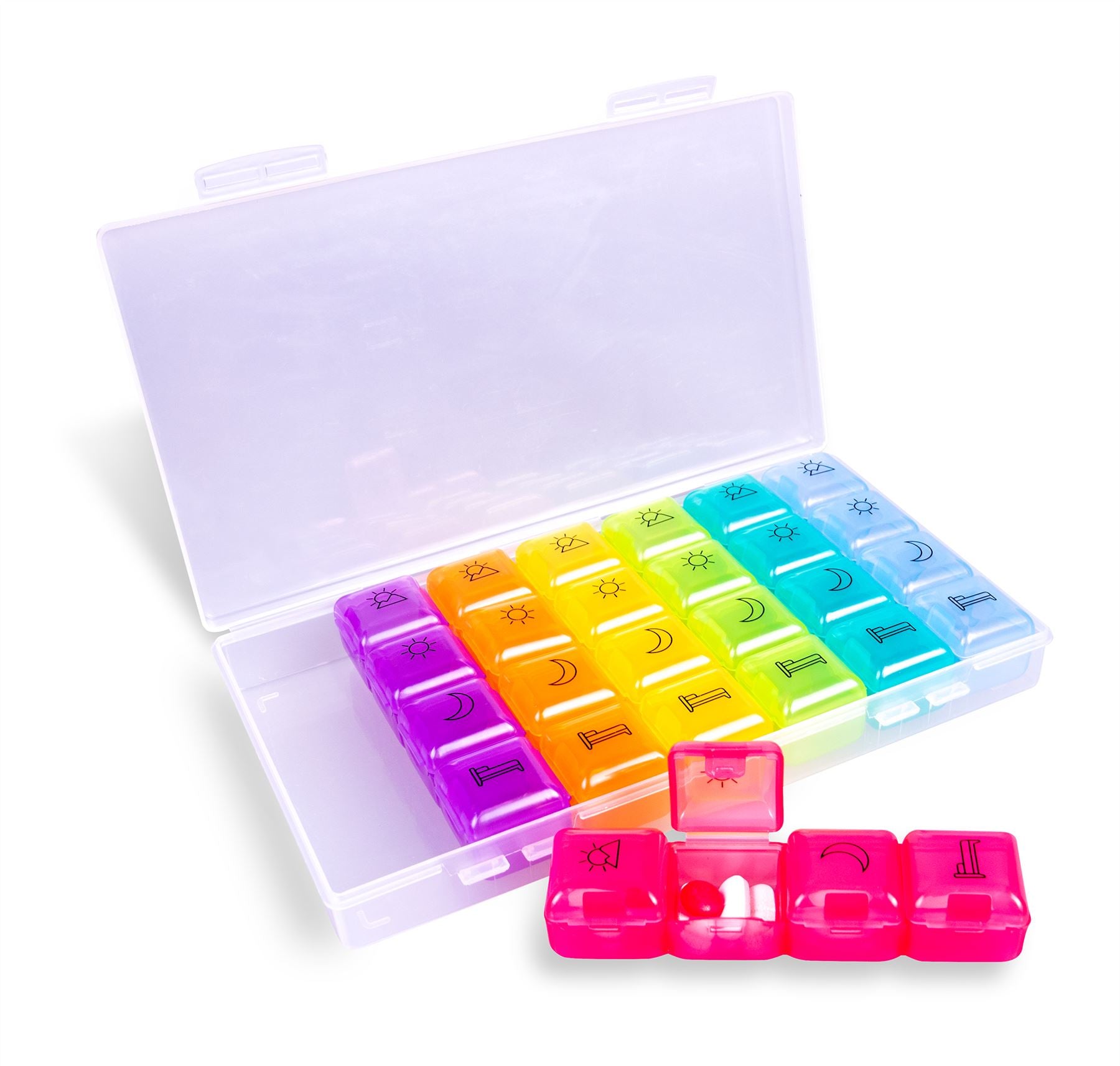 7 Day Weekly Pill Box with 4 Compartments per Day.Supplied in a Clear Clip Shut Case,