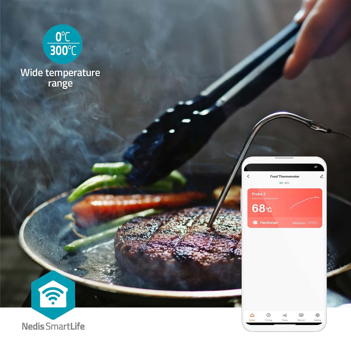Nedis Leave-in Smart Digital Food, Meat, Baking Thermometer Temperature Probe Cooking Kitchen BBQ, with Alarm, Timer - Black