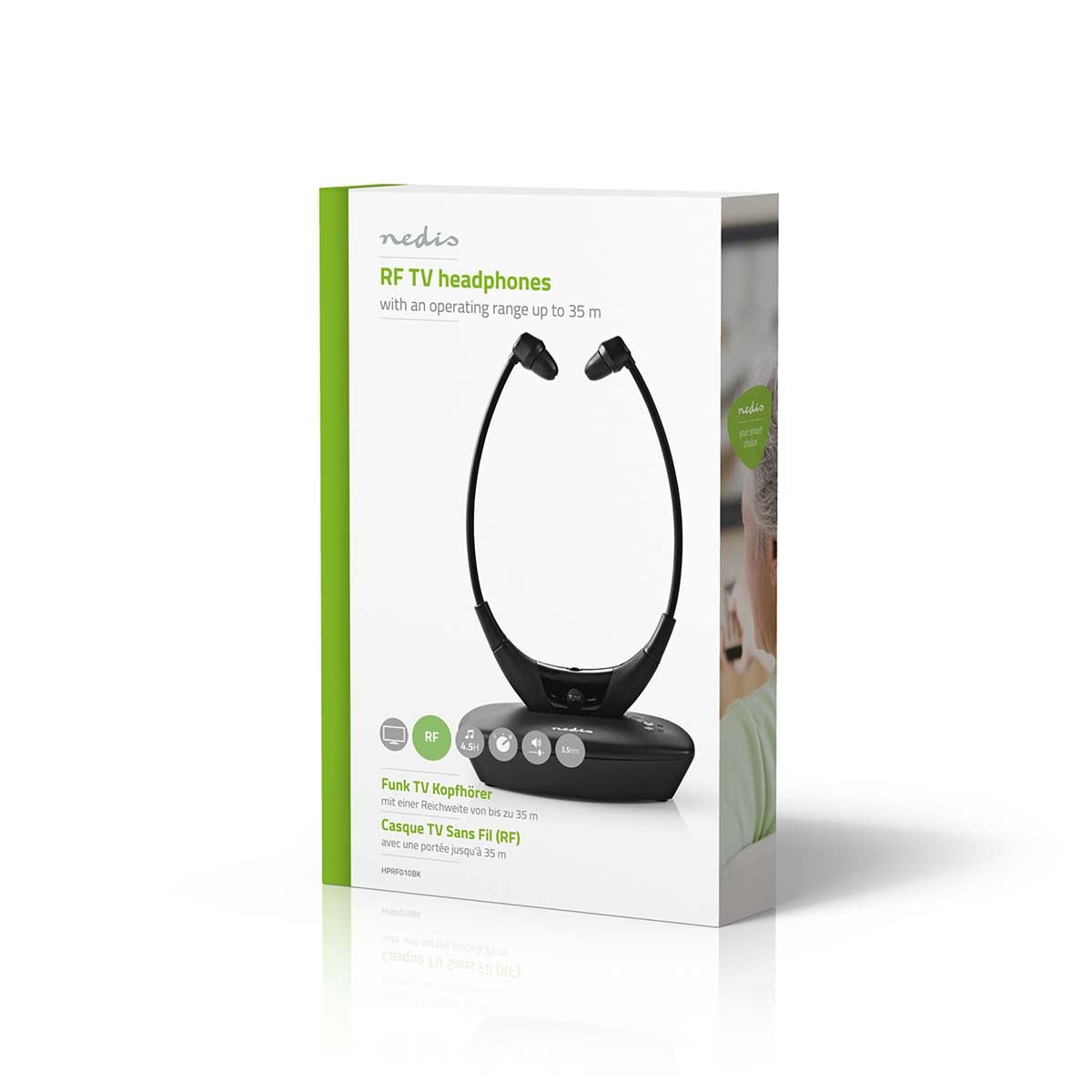 Nedis Wireless TV Headphones | RF, frequency 868 Mhz | In-Ear | Maximum battery play time: 4.5 hrs | 35 m | Digital Audio | Charging dock | Balance control | Black