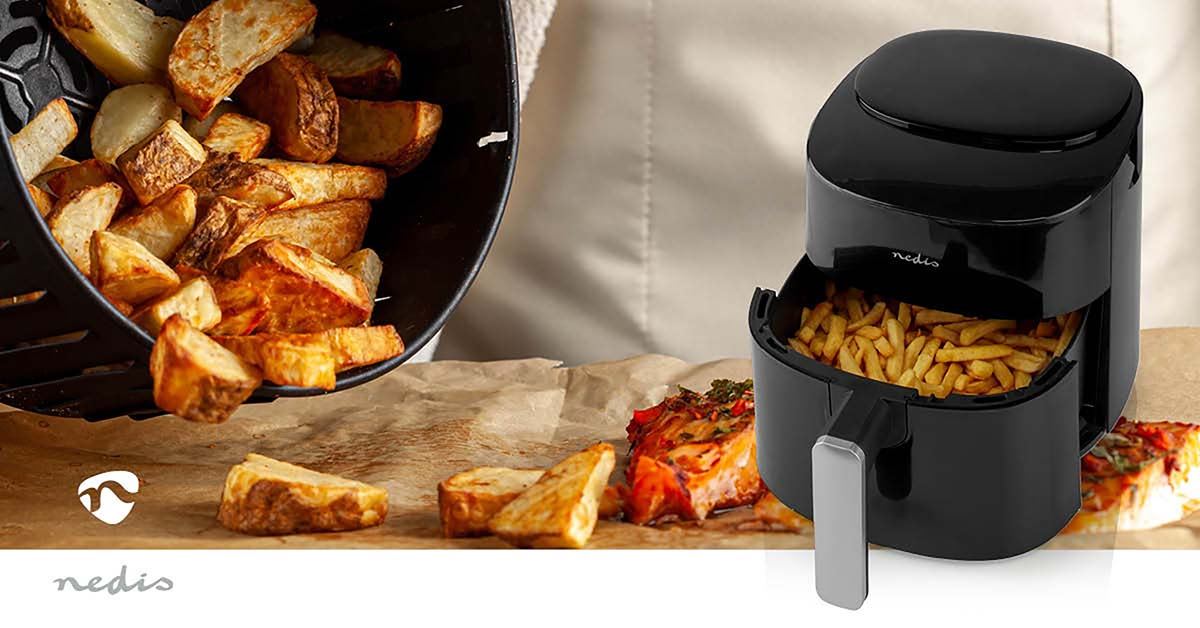 Nedis 4.2L Hot Air Fryer XXL for Healthy Low Fat Cooking, with Adjustable Temperature, Digital Display Control, 8 Presets and 240 Minute Timer, 1300W - Black