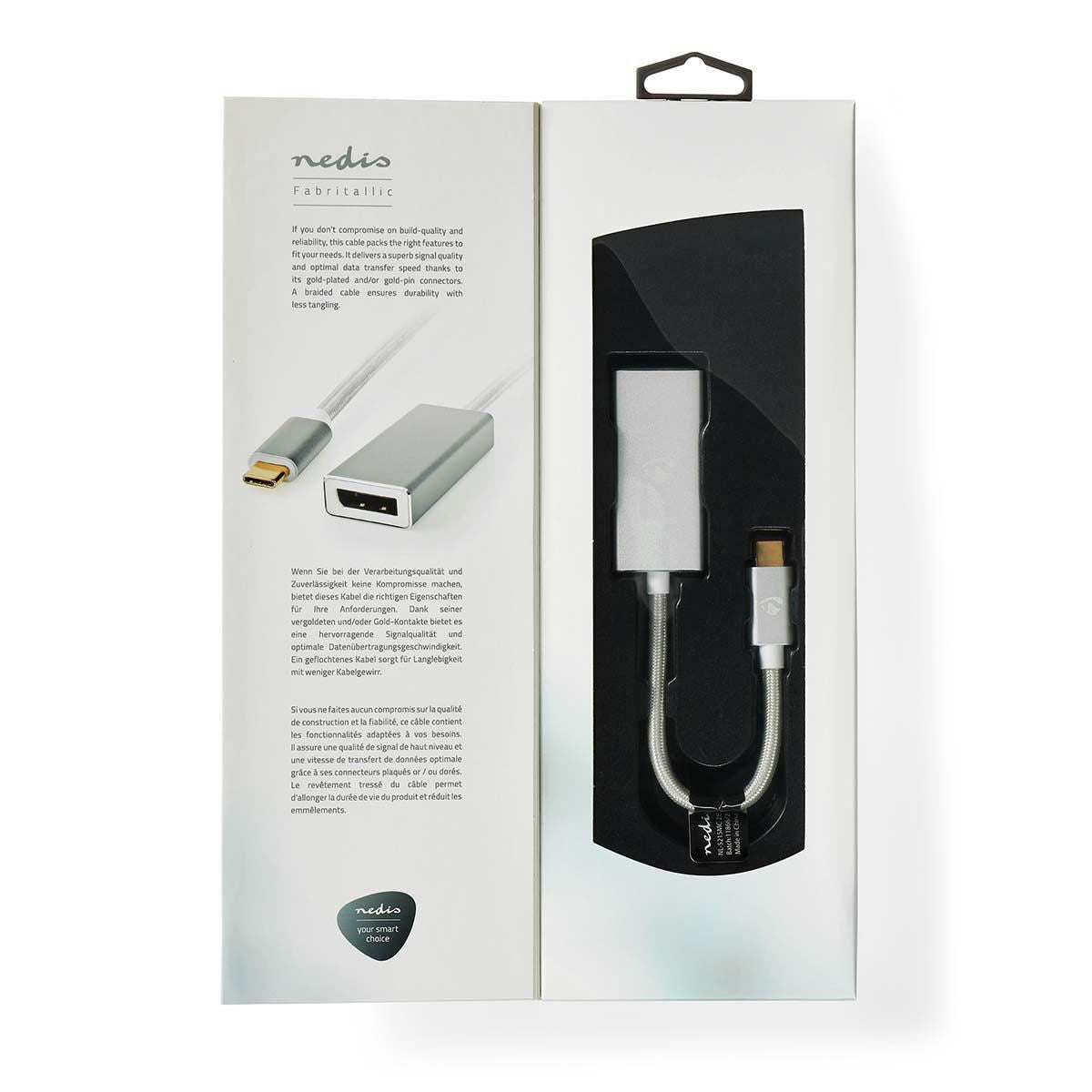 Nedis USB-C™ Adapter | USB 3.2 Gen 1 | USB-C™ Male | DisplayPort Female | 0.20 m | Round | Gold Plated | Braided / Nylon | Silver | Cover Window Box