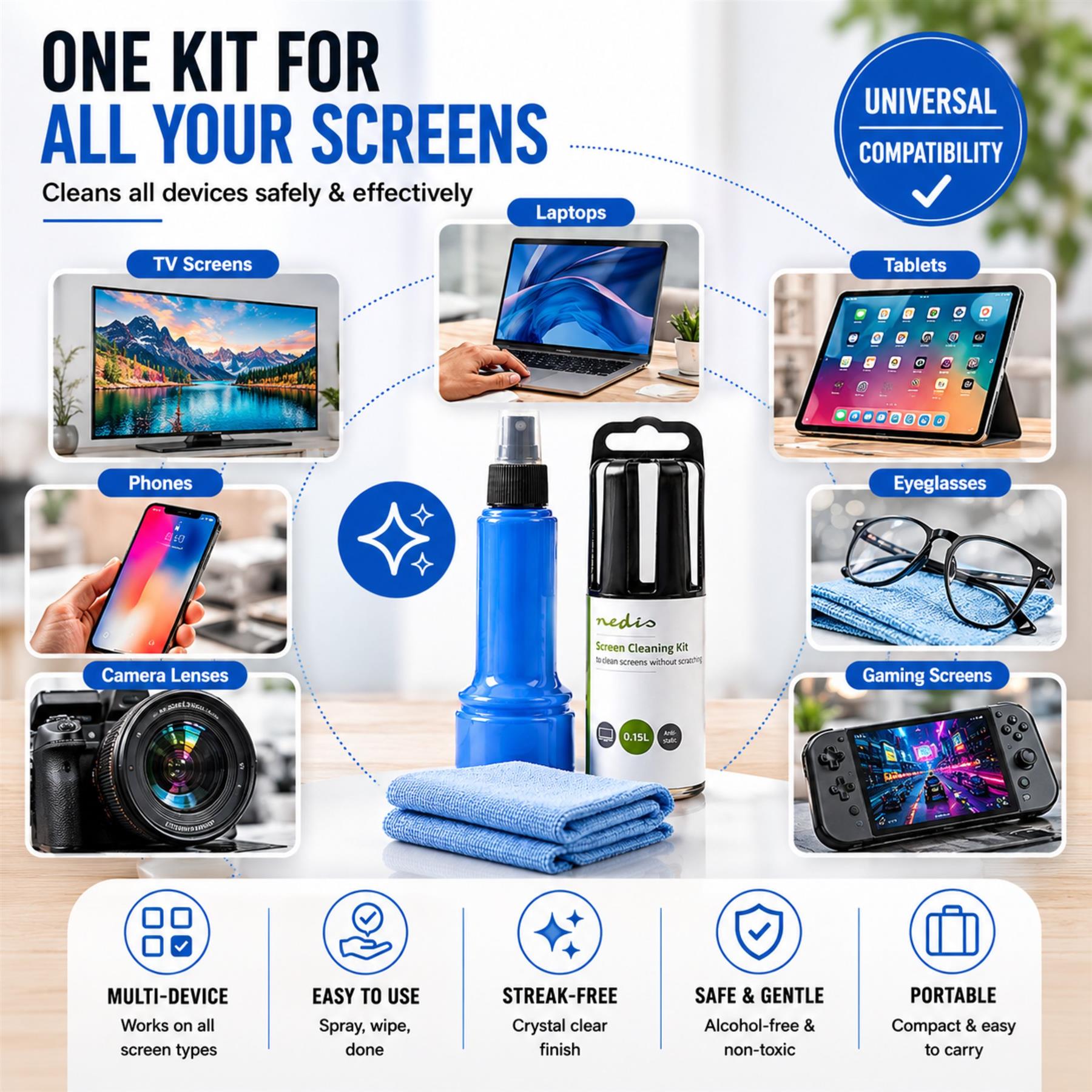 Nedis Screen Cleaner Kit for LCD, LED & Plasma TV, PC, Phone & Tablet, 150 ml Spray & Cloth