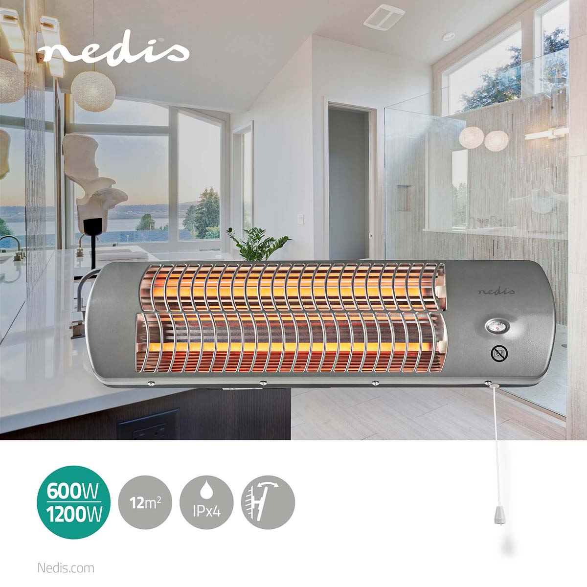 Nedis Bathroom Heater, Electric Wall-Mountable Radiant Heater with 2 Heat Settings (600/1200W), Tiltable Head, IPX4 Rated for Bathrooms - Grey
