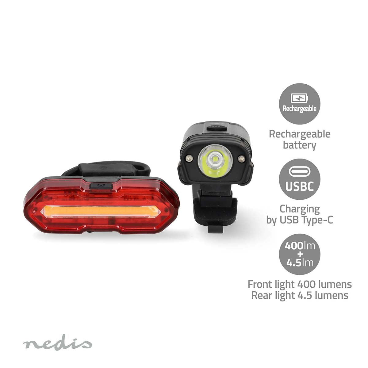 Nedis Rechargeable Bicycle Light | Battery Powered | 5 V DC | 3 W | 400 lm | 4.5 lm | 100 m | 110 °