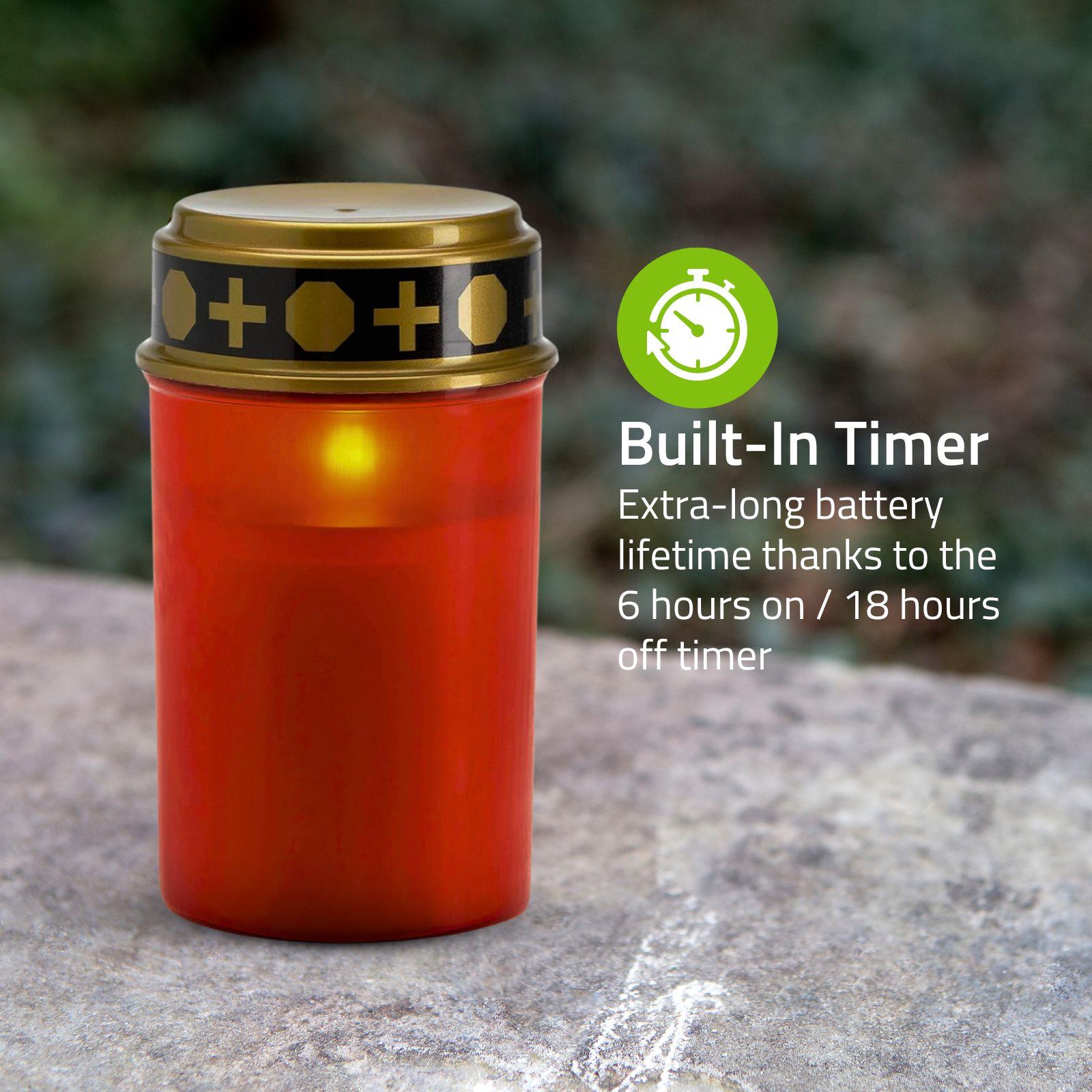 Nedis LED Grave Candle Light with Realistic Flickering Flame Effect, Battery Powered, Water Resistant, 6 Hours On / 18 Hours Off Timer - Red