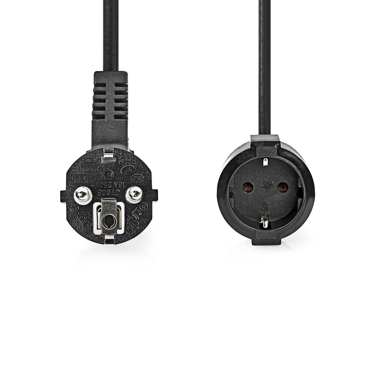Nedis Power Cable | Plug with earth contact male | Plug with earth contact female | Angled | Straight | Nickel Plated | 2.00 m | Round | PVC | Black | Label