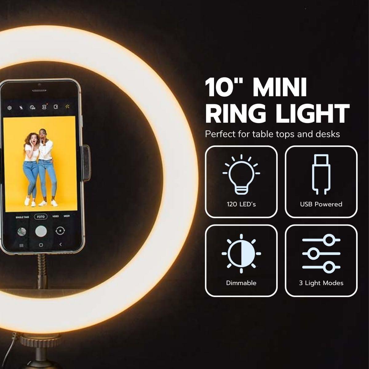 Nedis Ring Light, 10" LED Ring Lamp with 120 LEDs on Tripod Stand, USB Powered, with Flexible Phone Holder, 10 Light Modes