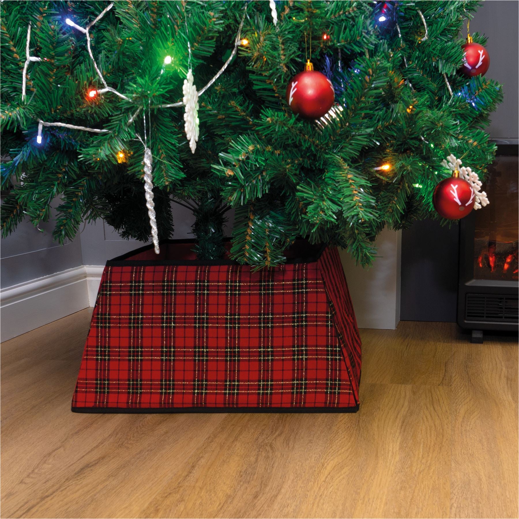 Tartan Christmas Tree Skirt Easy Fold Stand Cover Base Decoration - Red