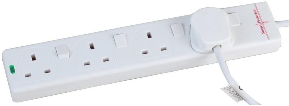 4 Gang 3m Mains Extension Lead Socket Individually Switched 13A with Surge Potection - White