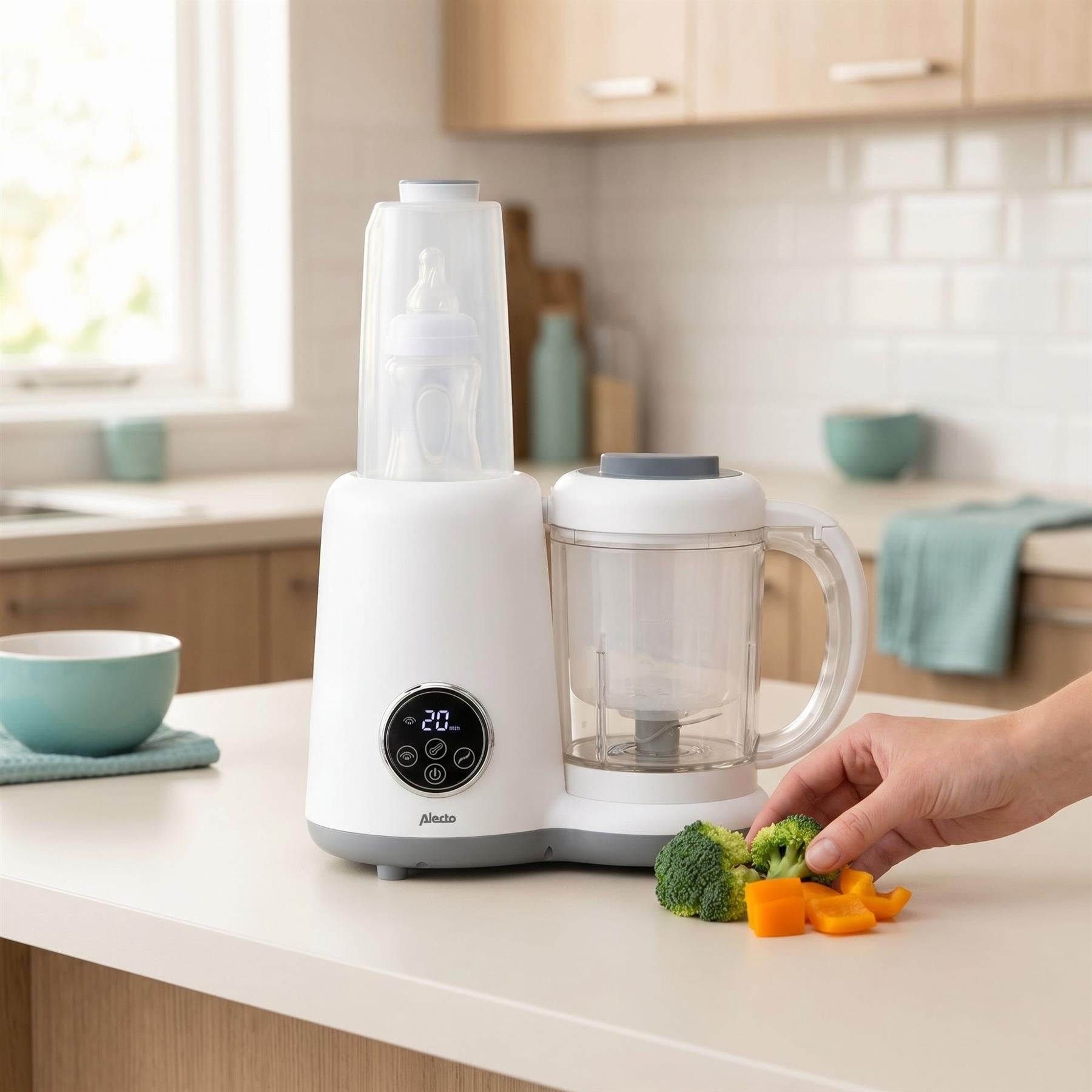 Alecto 5-in-1 Baby Food Maker, One Step Baby Food Processor Blender Grinder Puree Maker, Blend, Warm, Sterilize, Steam Cook, BPA-Free