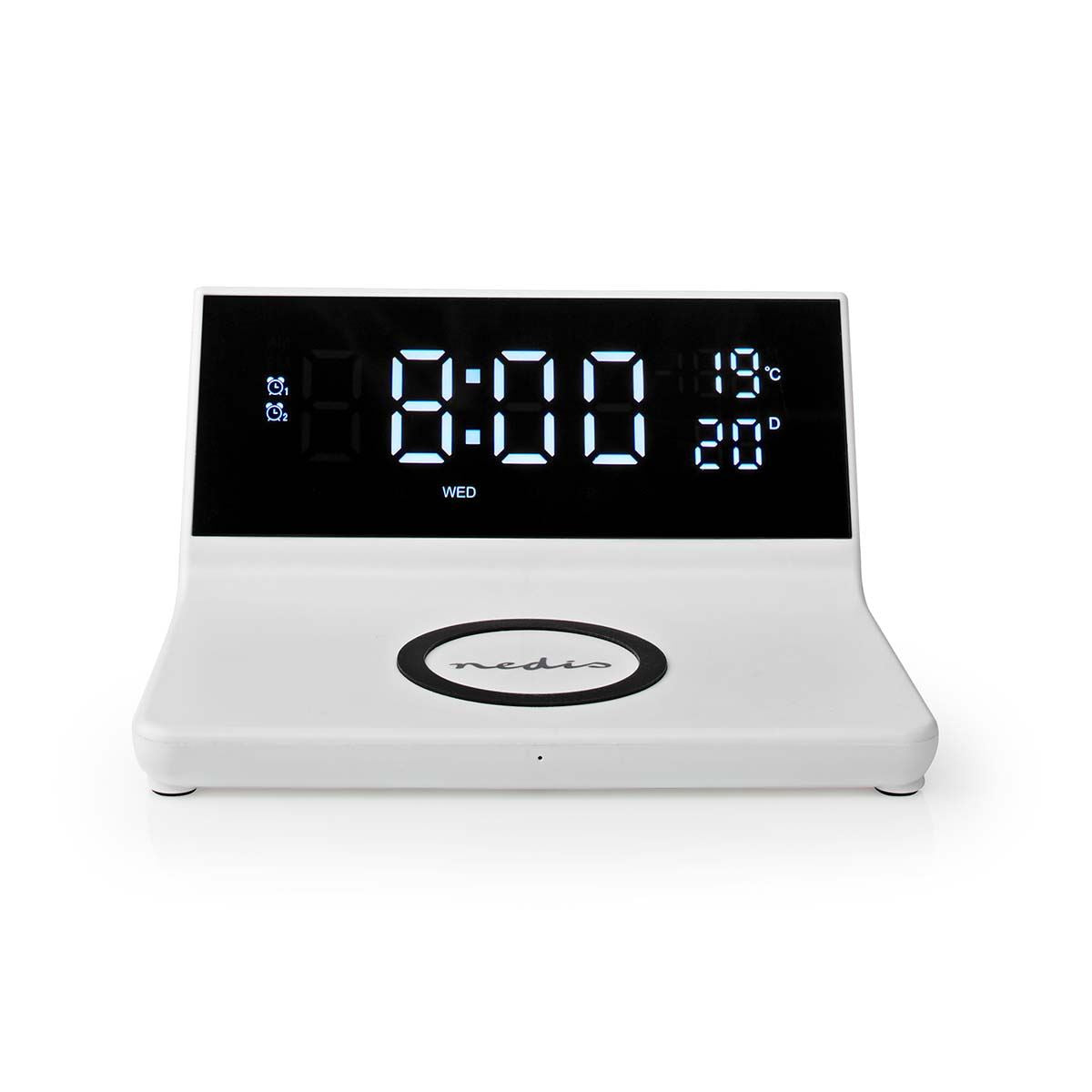 Nedis 3-in-1 Alarm Clock With Qi Wireless Charging, Led Clock, Dual Alarm, Snooze Function, USB Powered - White
