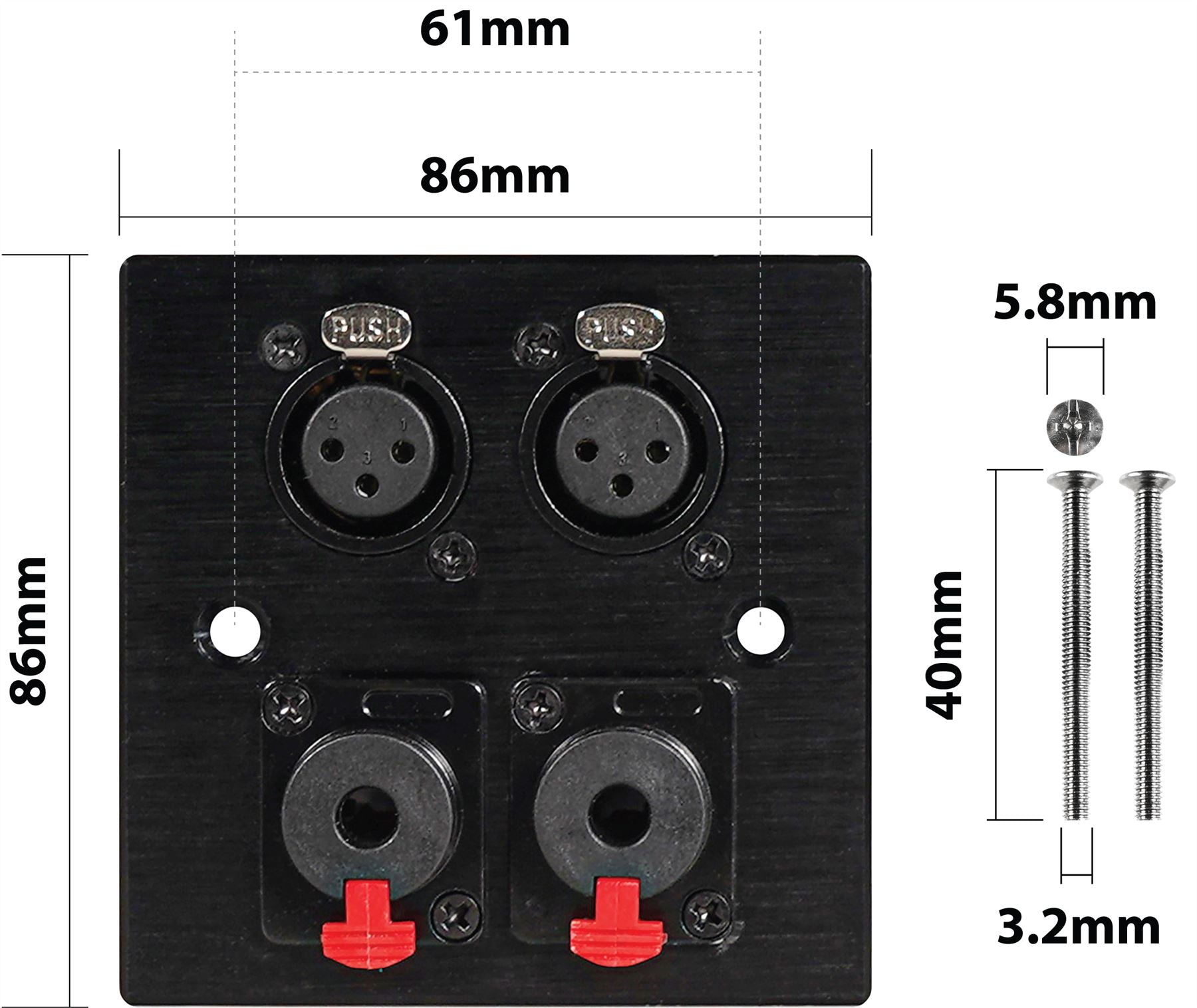 Black Wall Face Plate Electrical AV Slim Series 2 x Female XLR & 2 x 6.3mm Microphone Jack wall plate Metal