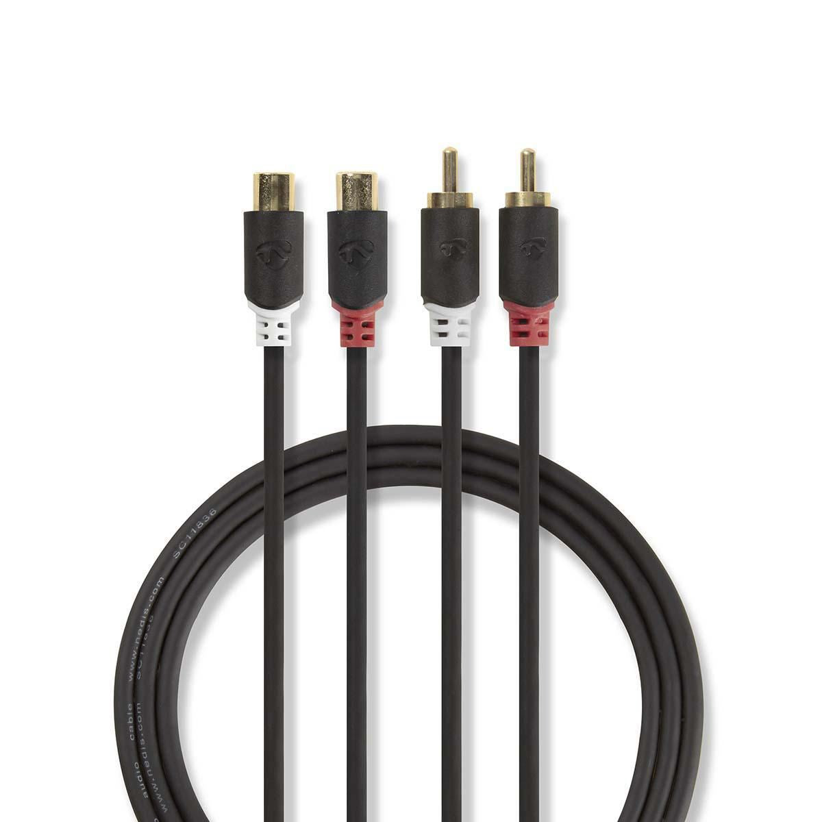 Nedis Stereo Audio Cable | 2x RCA Male | 2x RCA Female | Gold Plated | 2.00 m | Round | Anthracite | Box
